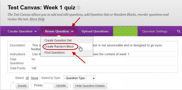 Test canvas with reuse questions button circled and create random block circled in the drop down menu