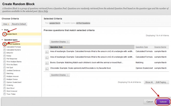 Create random block screen with the required pool check box circled and ticked underneath the pool link and the all pool questions radio button selected underneath the question types link.