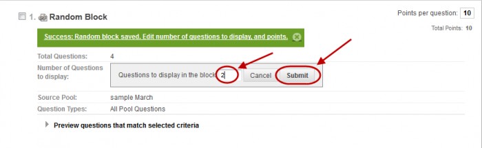 New random block with the number of questions to display text box selected and number changed and the submit button circled