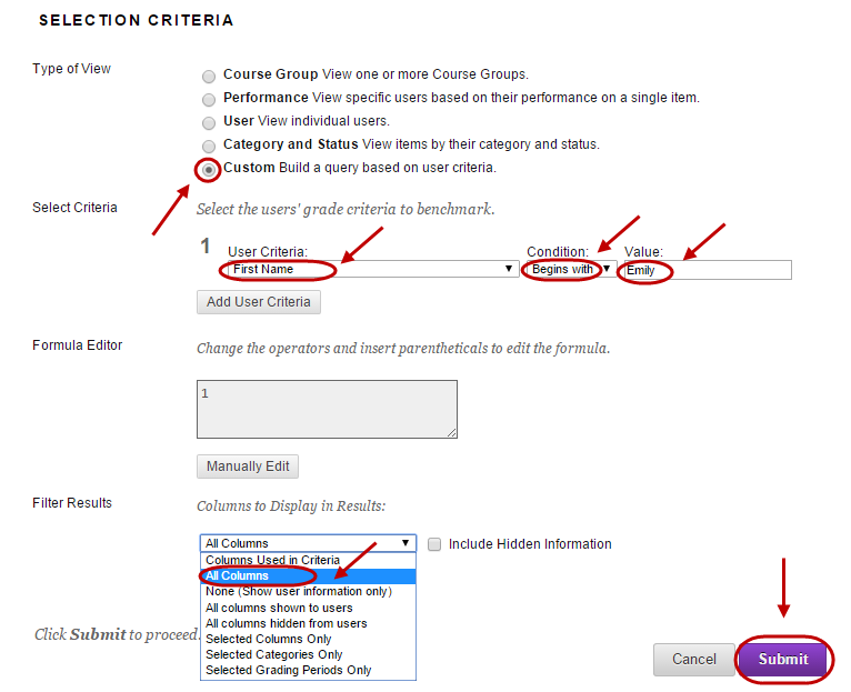 specify selection criteria