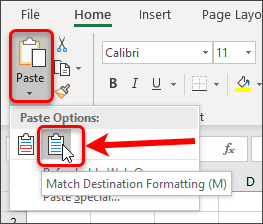 Paste button and match destination formatting button circled.