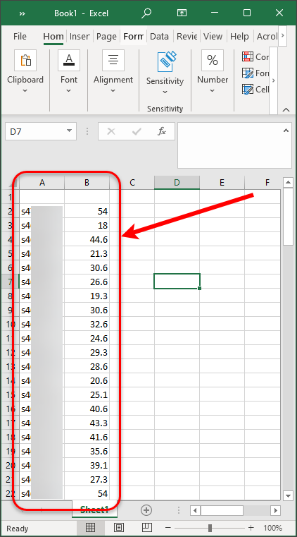 Student results in column A and B circled