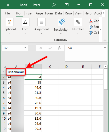 Username in Cell A1 circled