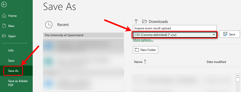 Save as button circled and CSV circled in the file type drop down box