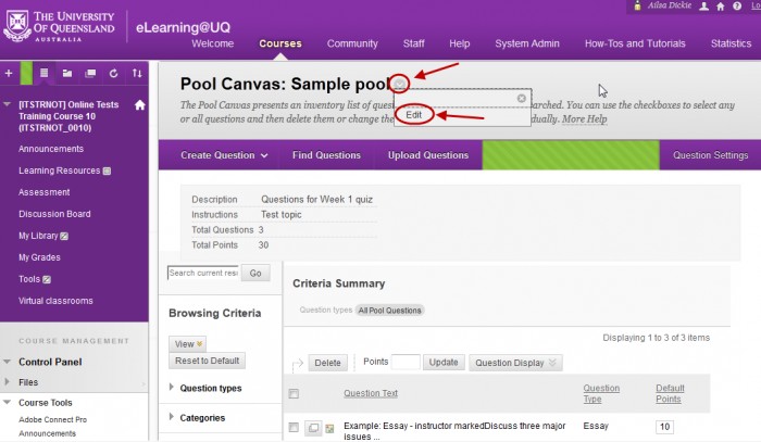 Pool canvas with the down arrow circled next to the pool canvas title and edit circled in the drop down menu