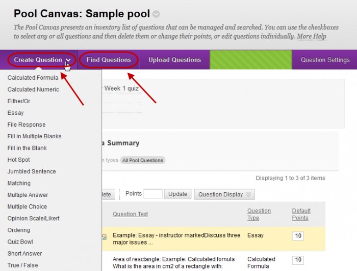 Pool canvas with create question button and find question button circled.