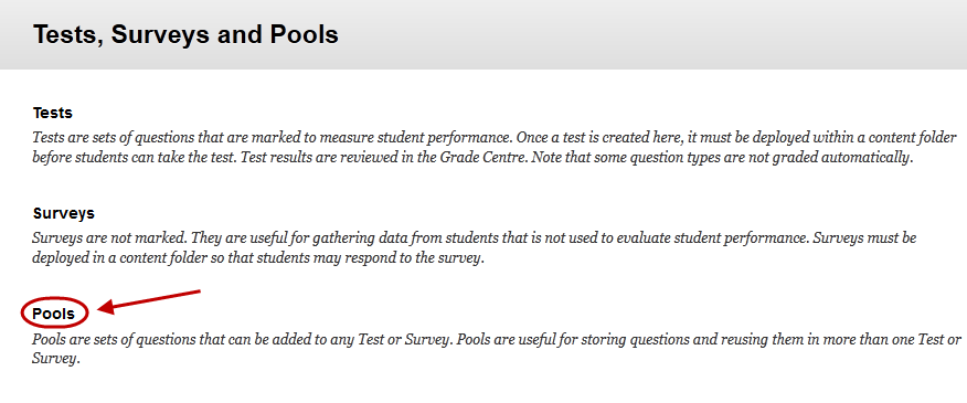 Tests, surveys and pools page with pools link circled