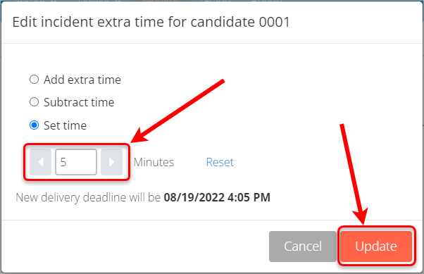 Minute's field and update button circled