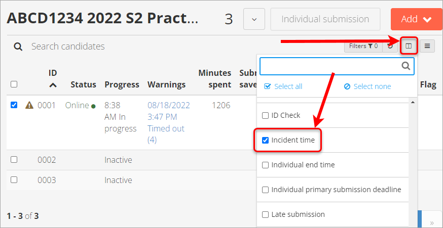 Column button and Incident time circled