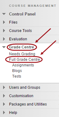 Control panel with grade centre and full grade centre circled