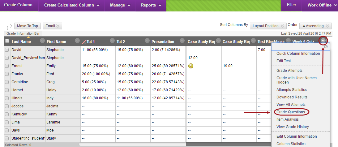 Grade centre with the down arrow circled next to the test column and grade questions circled in the drop down menu