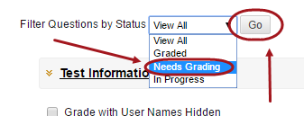 Filter questions by status drop down box with needs grading circled in the drop down box