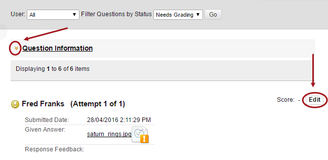 Question information double down arrow circled and the edit button circled next to a student attempt