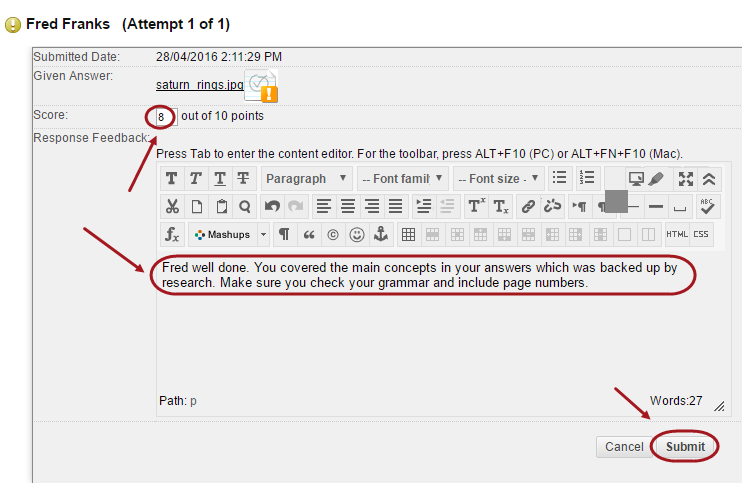 Student attempt with score text box circled as well as the response feedback and submit button.