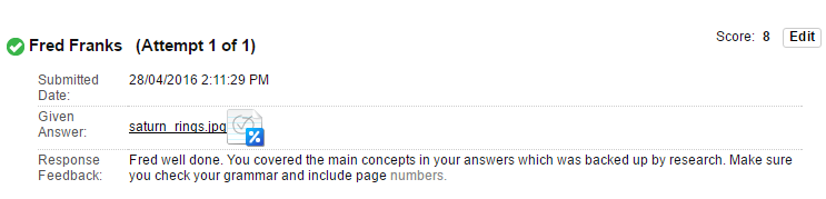 Student attempt marked and showing the response feedback