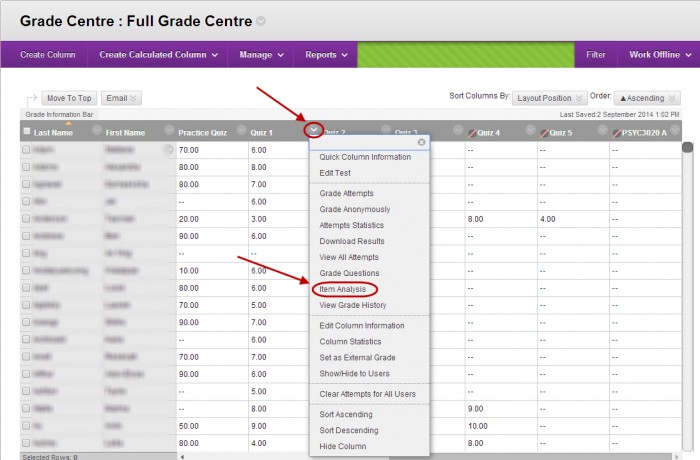 Grade centre with down arrow next to test column circled and item analysis circled in the drop down menu