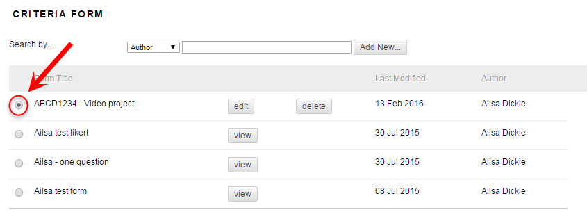 Select the required criteria form
