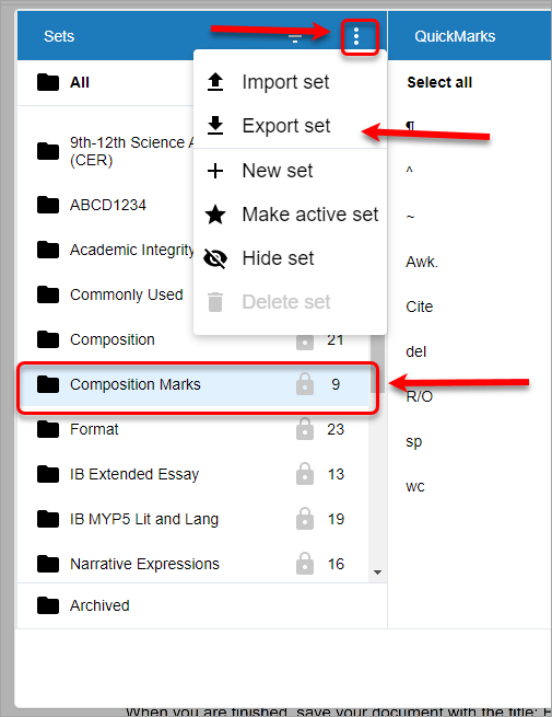 select set, click hamburger click export