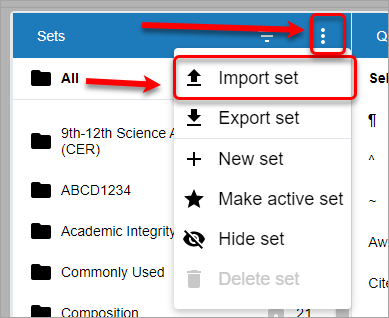 Click hamburger, click import set