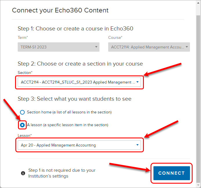 Step 2, Step 3 and the connect button circled