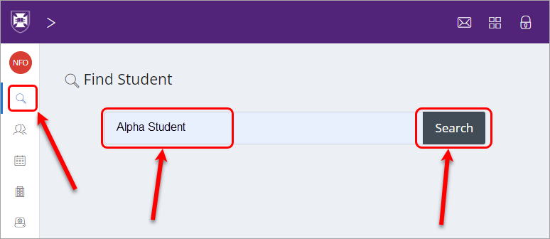 Find student, search textbox and search button circled
