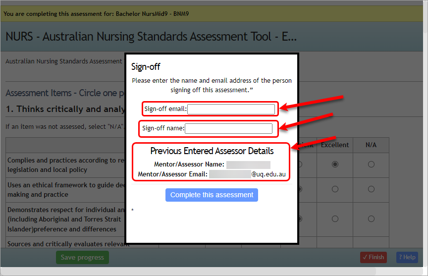 Sign-off email and name text boxes circled as well as details of previous assessor.