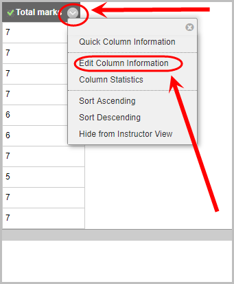 total marks column drop down menu selected, edit column information option selected