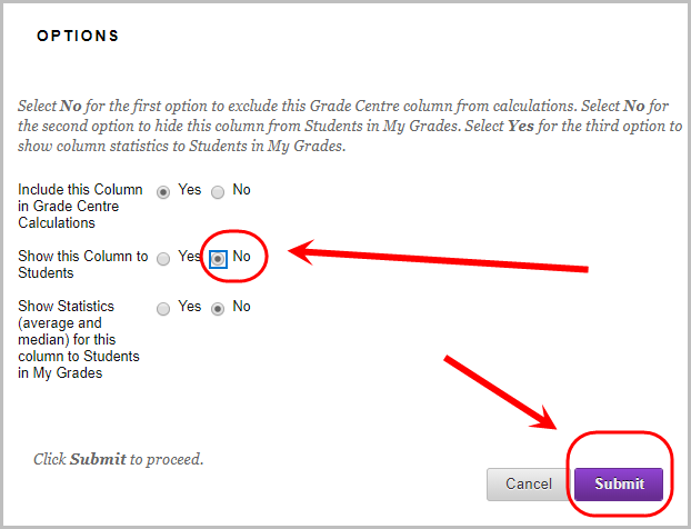 in option setting, show this column to students no radio button selected, submit button selected
