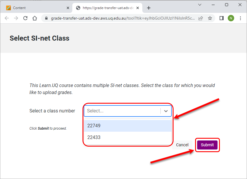class number selected from drop down menu and submit button selected