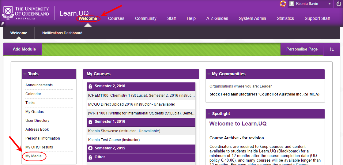 Learn.UQ Welcome page with My media circled under tools
