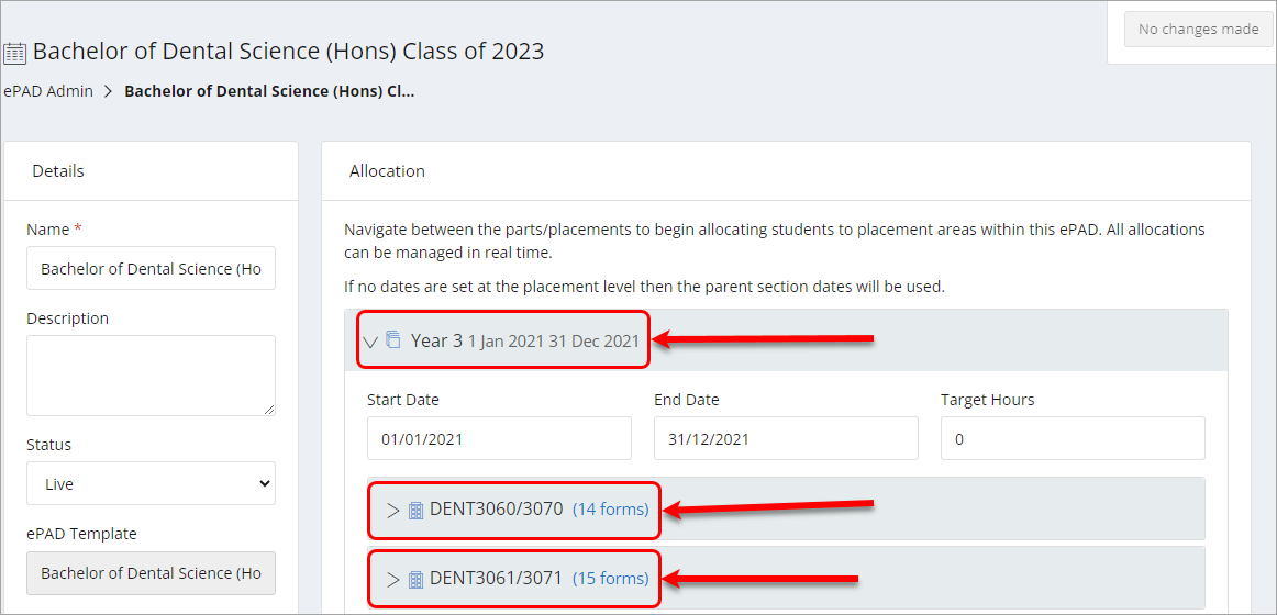 Year level circled and placement blocks circled