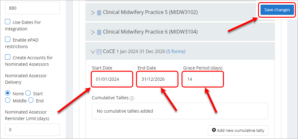 Start date, end date, grace period boxes circled as well as the save changes button