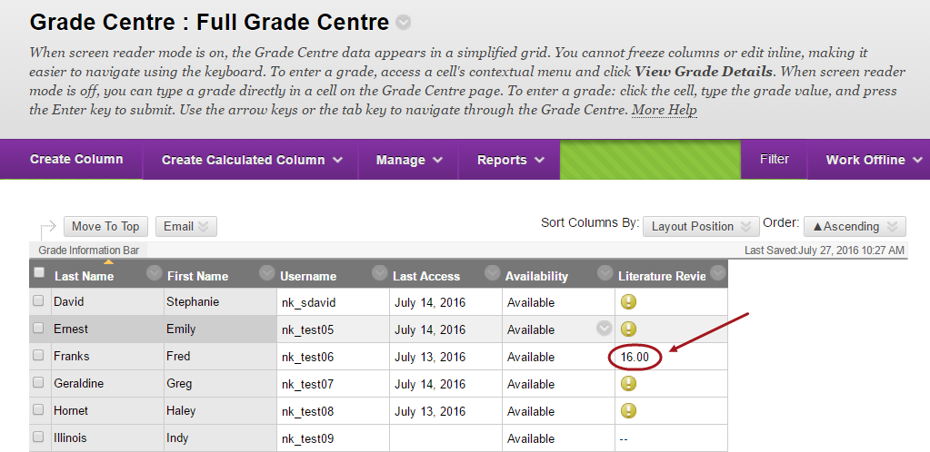 put in grade in the grade centre column