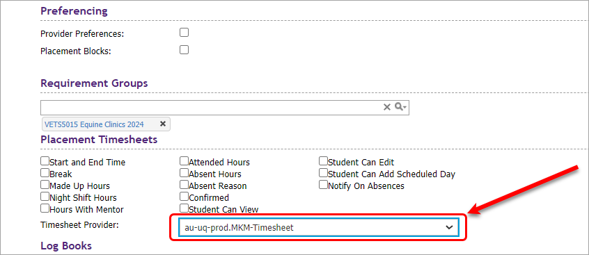 au-uq-prod.MKM-Timesheet from the Timesheet Provider drop-down list