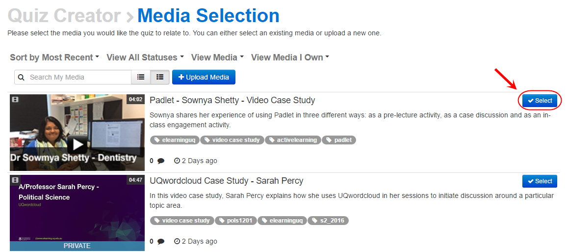 Media selection screen for video quiz with the select button circled next to desired video