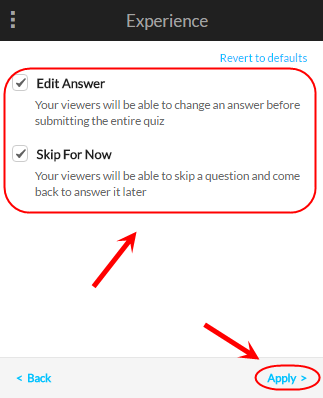Video quiz experience screen with the edit answer, skip for now circled along with the apply button