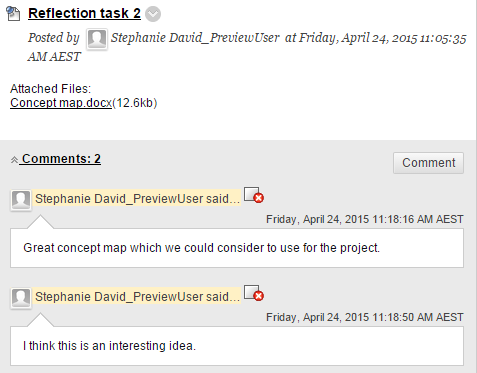blog comments with delete comment icon showing
