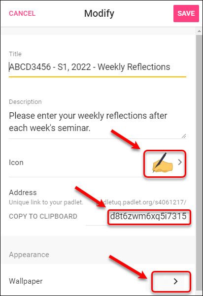 Modify the Padlet's icon, url and wallpaper