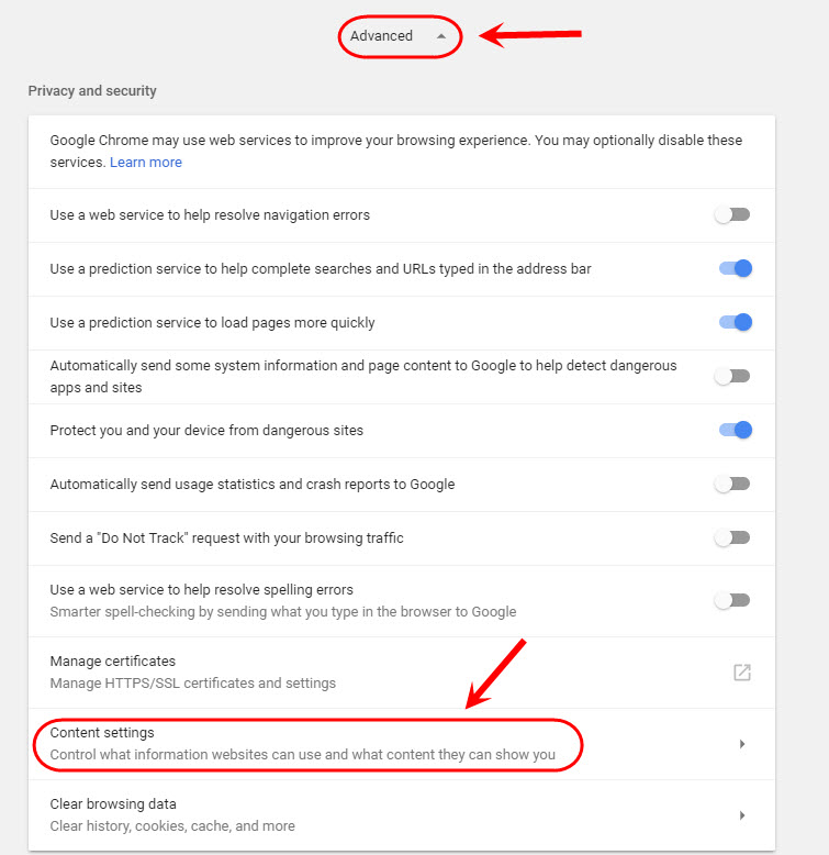 click on advanced and content settings 