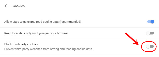 Block third-party cookies toggle is disabled