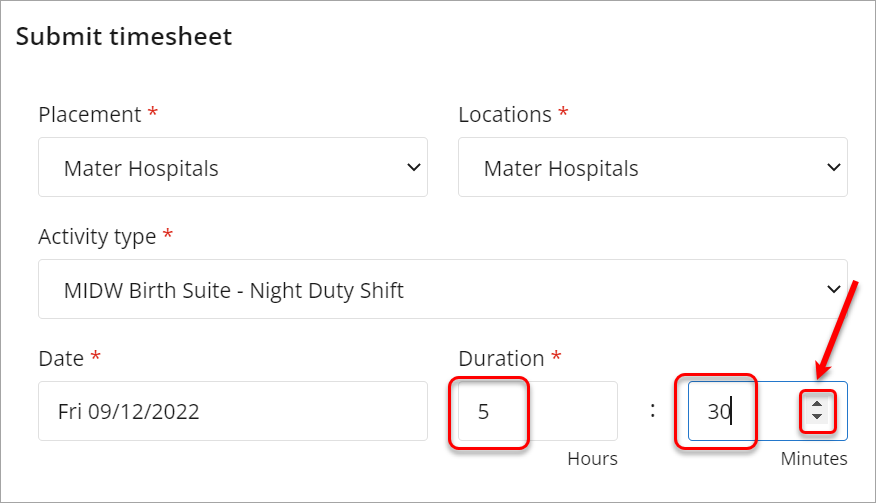 hours and minutes fields highlighted