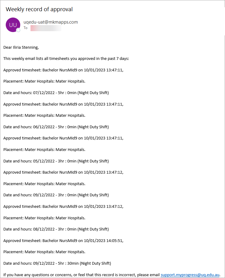 completed timesheet email