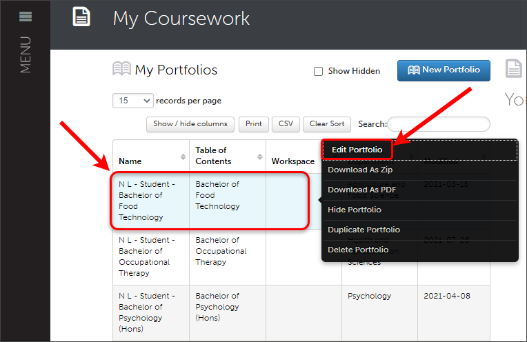 Portfolio circled and Edit portfolio from the pop up menu