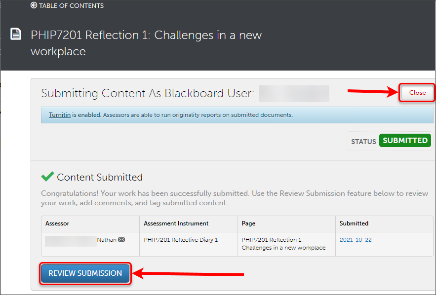 Review submission and close buttons circled