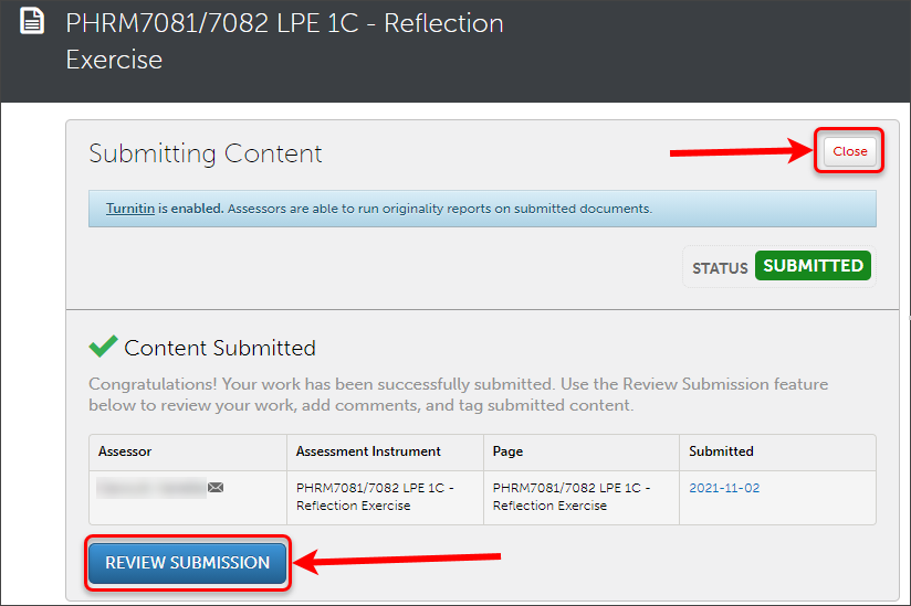 Review submission and close buttons circled.