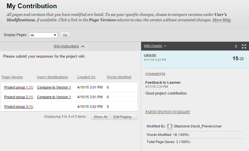 Words Modified and Page Saves details showing contributions