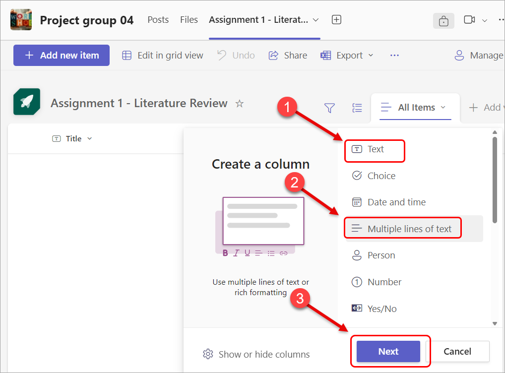 Select column details and then click on the Next button