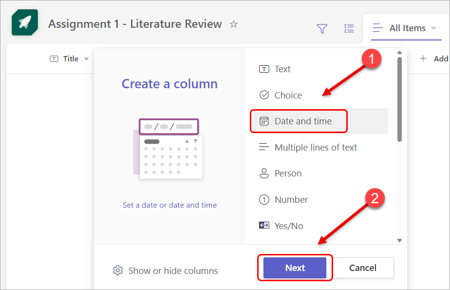 Select the Date and time option and then click on Next