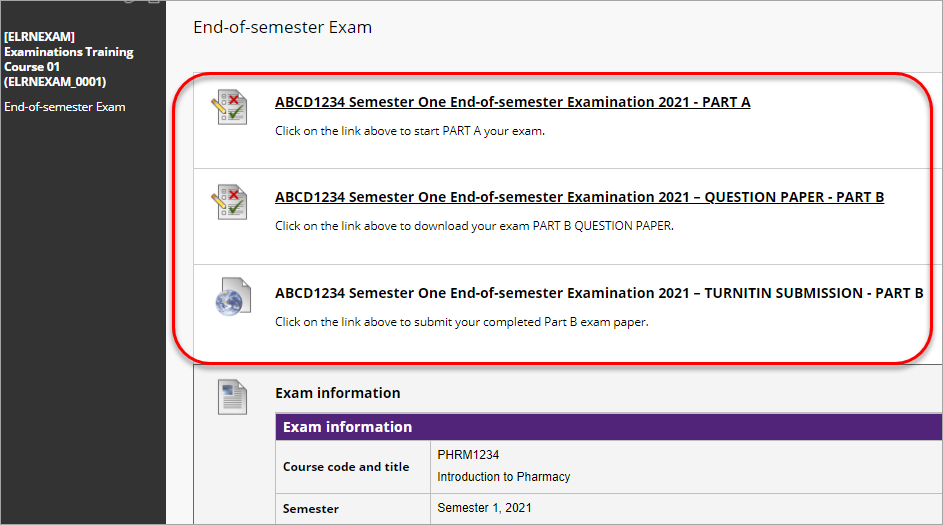 Exam link is displayed in the relevant section of the course menu