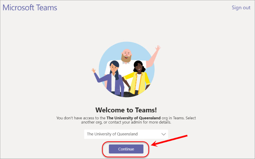 Continue button on Welcome to Teams! screen